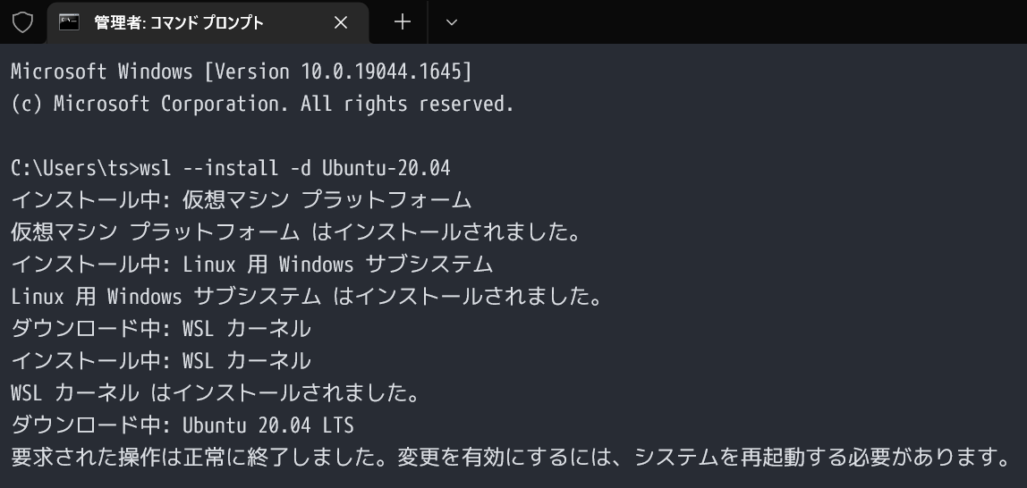 インストールが完了したときのスクショ